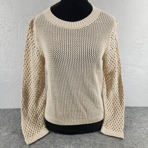 J.Crew Small Beige Open Knit Crochet Mesh Long Sleeve Sweater Top Womens